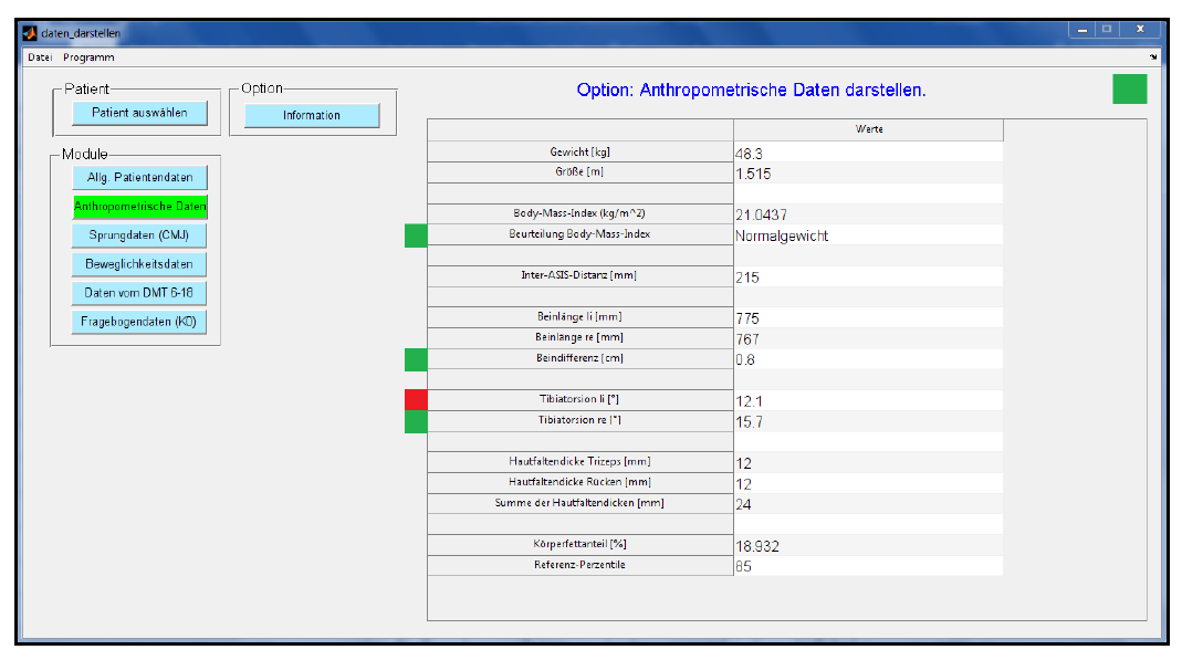 Software für individualisierte Sportberatungen - Screenshot von der Oberfläche für Datendarstellungen