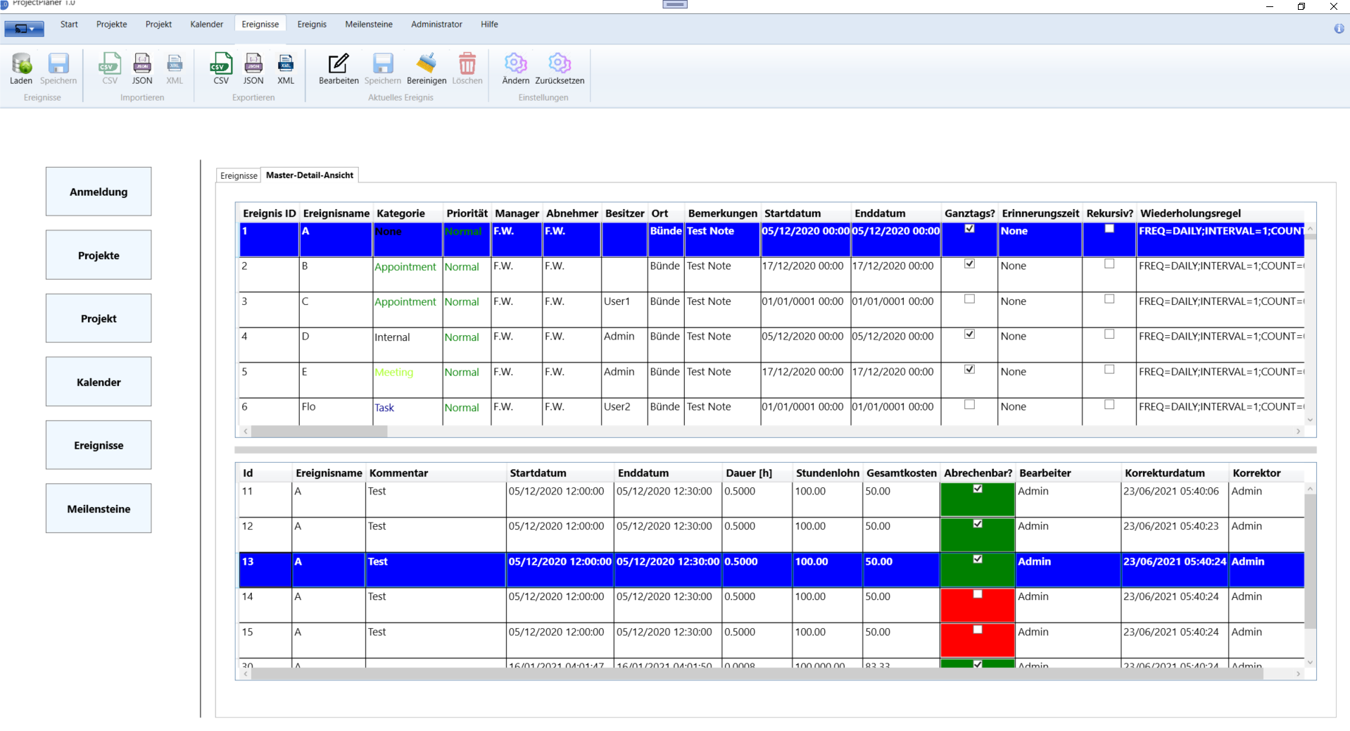 ProjectPlaner 1.0 - Master-Detail-Ansicht für Ereignisse