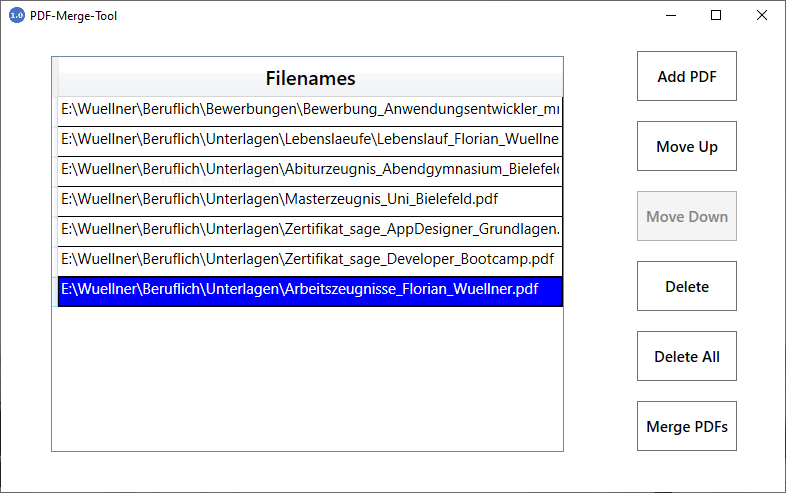 PDF Merge Tool - Screenshot von der Oberfläche für Auswahl und Anordnung von PDF-Dateien