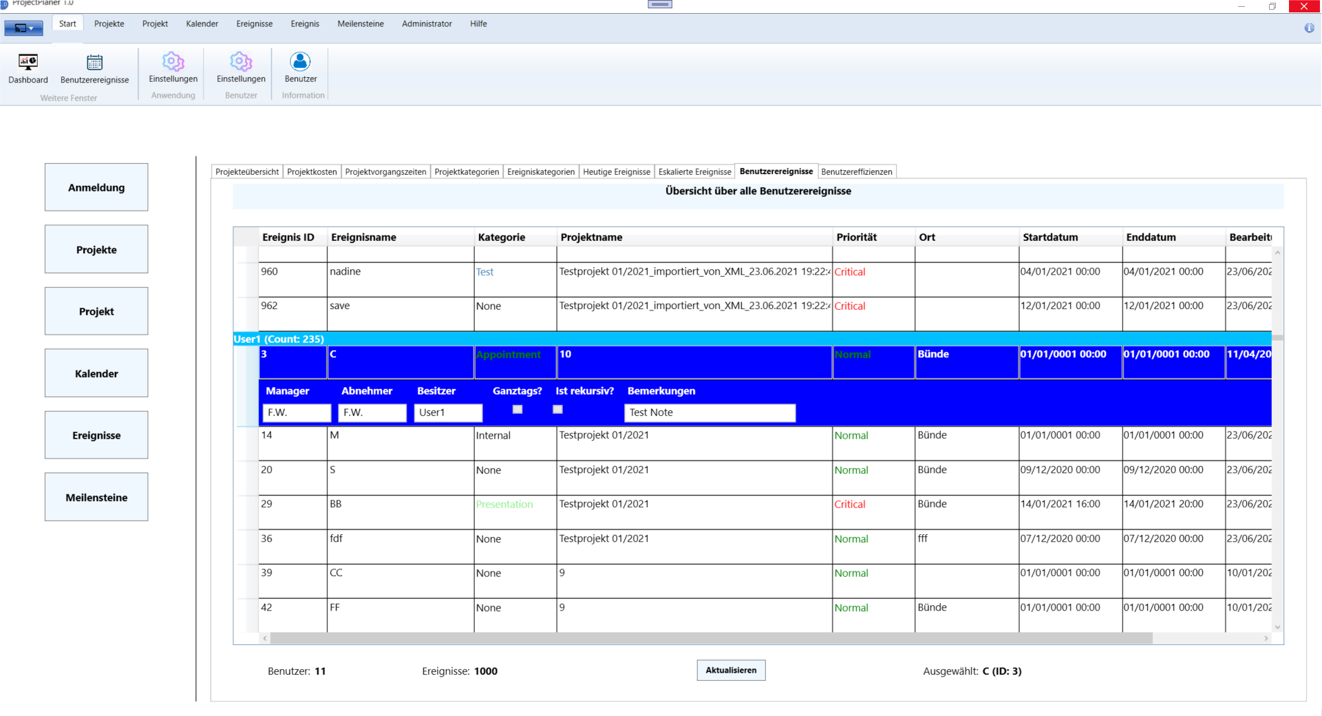 ProjectPlaner 1.0 - Benutzerereignisse